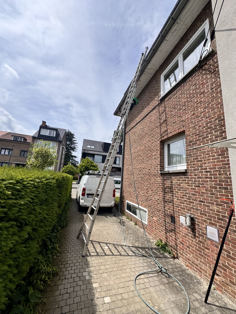 Dakgoten reinigen met grote ladder